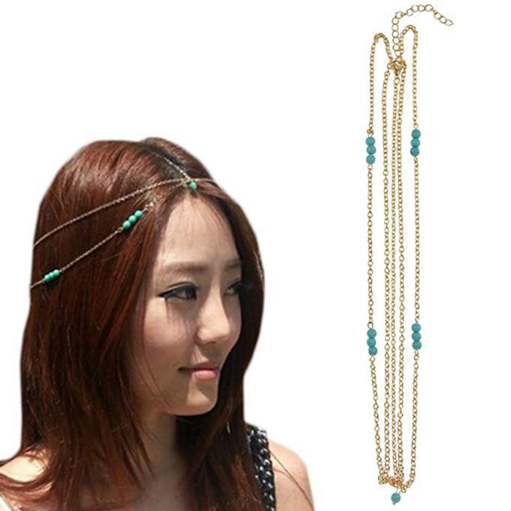 Gold Head Chain Hair Accessory with Turquoise Bead